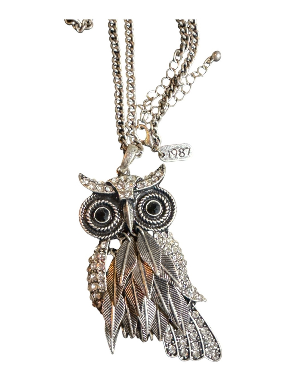 Aeropostale 1987 Collection Rhinestone Owl Pendant Necklace Silver Tone 31” EUC - Picture 4 of 8